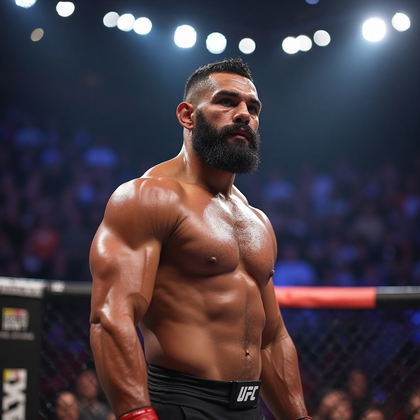 AI-generated photo: Professional photorealistic image set in the vibrant, bustling atmosphere of a UFC event right after...