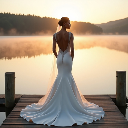 AI-generated photo: Photorealistic wedding photography at sunrise on a quiet lakeside pier with low mist skimming the wa...
