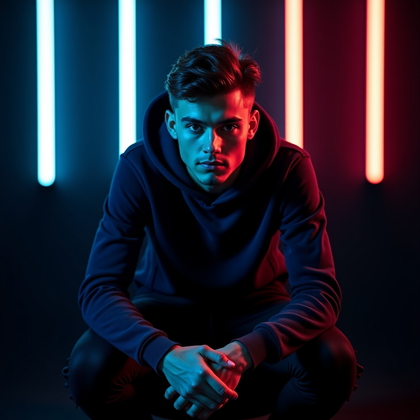 AI-generated photo: Photorealistic gaming portrait photography. The subject is captured in a dramatic seated pose in a d...