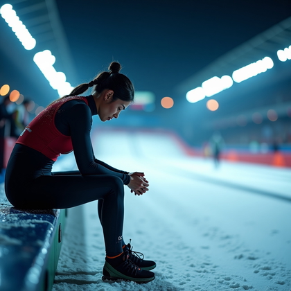 AI-generated photo: Photorealistic sports photography. A winter Olympian sits alone on a bench beside the icy track, hea...