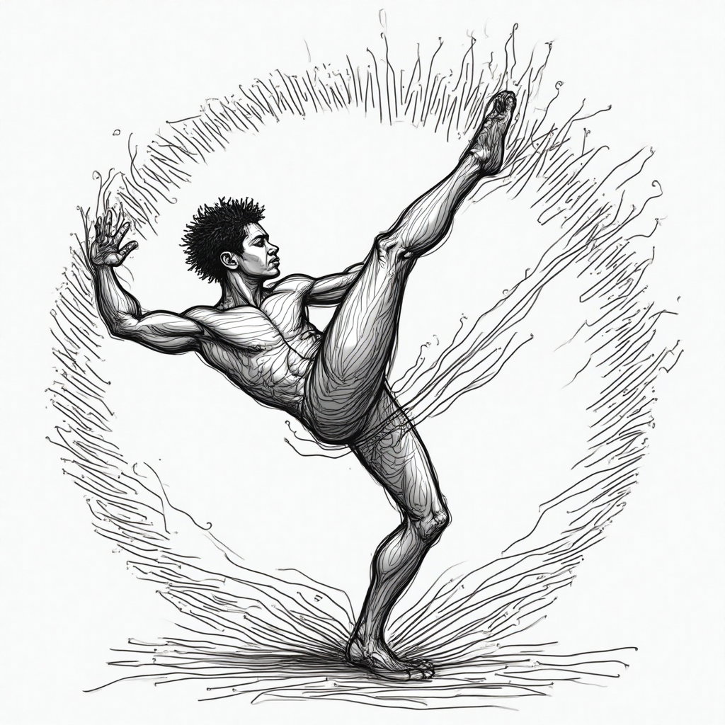 AI-generated photo: **Line Art Illustration.** This concept captures the vibrant energy of a person executing a powerful...