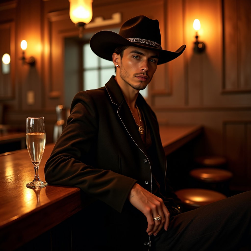 AI-generated photo: Photorealistic fashion portrait photography. The subject sits sideways on a barstool in a candlelit ...