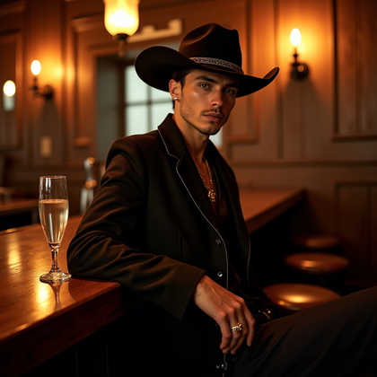AI-generated photo: Photorealistic fashion portrait photography. The subject sits sideways on a barstool in a candlelit ...