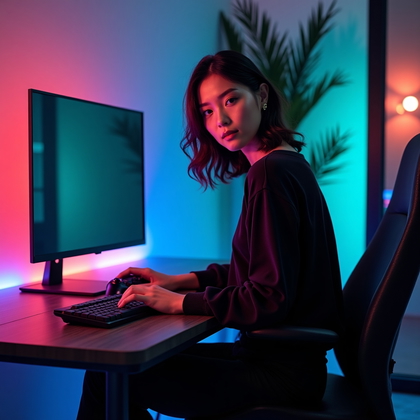 AI-generated photo: Photorealistic fashion portrait photography style, half-body vertical portrait of a streamer perched...