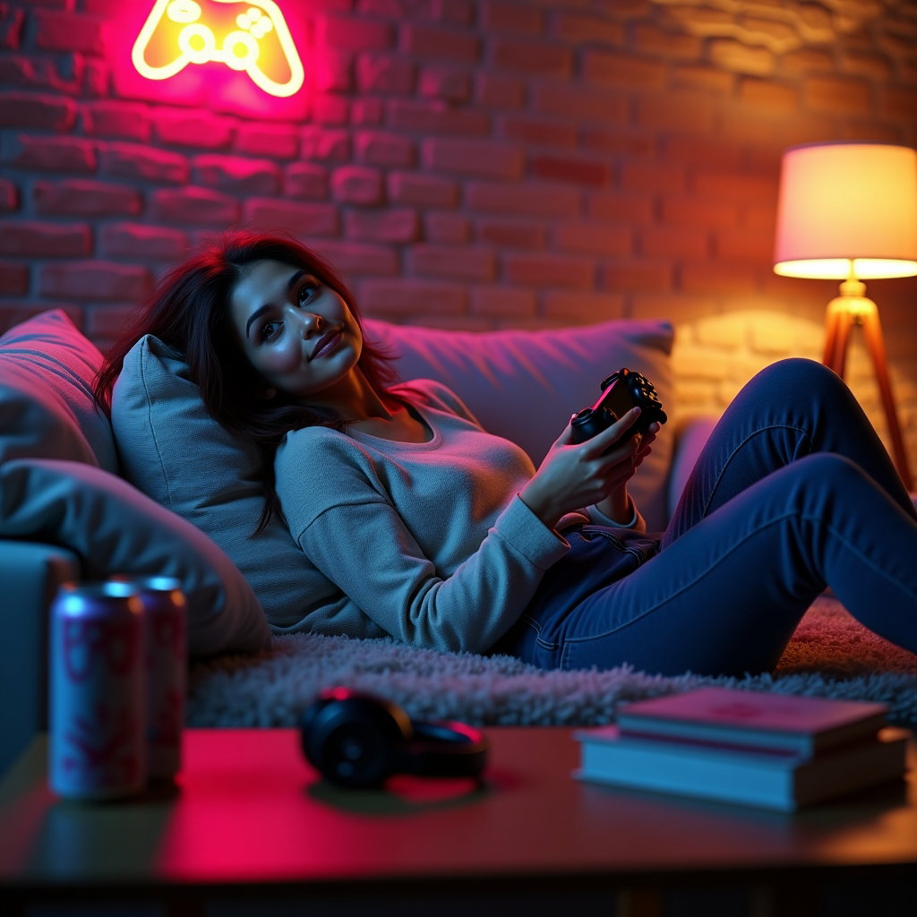 AI-generated photo: Photorealistic portrait photography. A casual gamer reclines diagonally on a plush rug in a loft-sty...