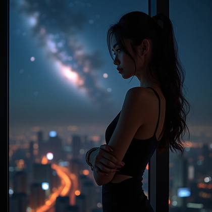 AI-generated photo: Photorealistic portrait photography. In a dark, modern high-rise apartment, a person leans with one ...