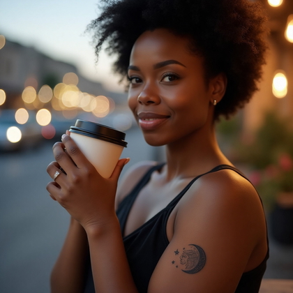 AI-generated photo: Photorealistic photography capturing a minimalist tattoo of a crescent moon and star duo, placed dis...