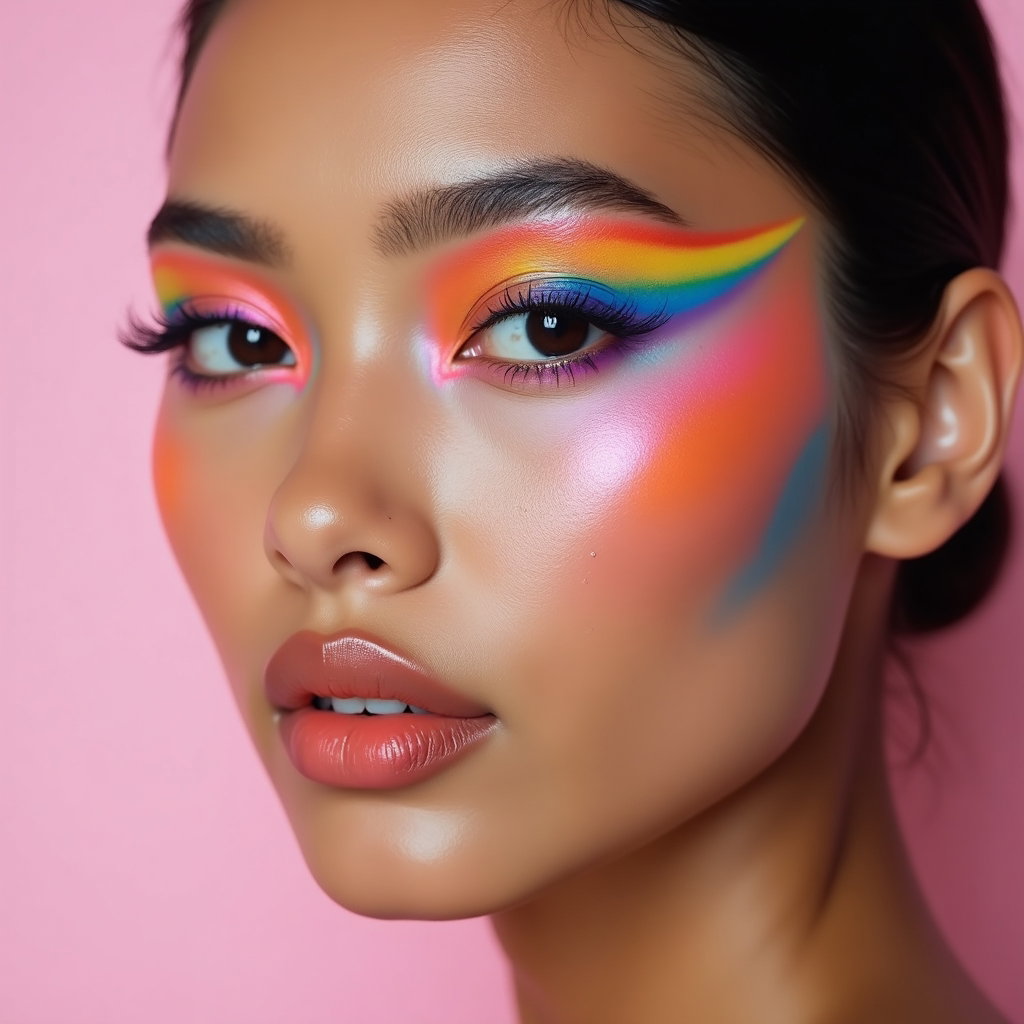 Close-Up Pride Makeup and Face Paint Portraits example: Photorealistic beauty portrait photography. Extreme close-up with the face filling the frame, direct eye contact, a calm
