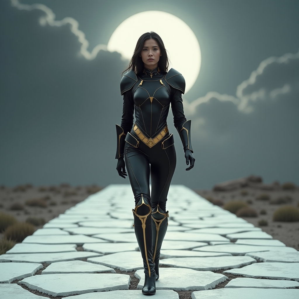 Black-and-Gold Idol Armor Portrait example: Cinematic fantasy full-body photo. The subject walks forward along a cracked white marble causeway beneath a dramatic ec