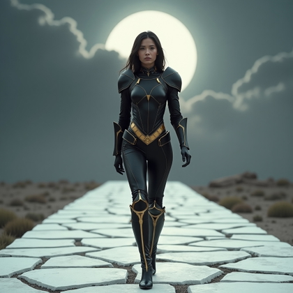 Black-and-Gold Idol Armor Portrait example: Cinematic fantasy full-body photo. The subject walks forward along a cracked white marble causeway beneath a dramatic ec
