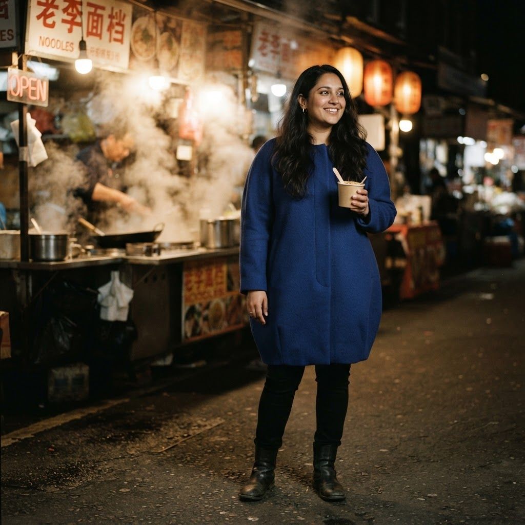 Cocoon Coat in a Night Market: Head-to-toe candid-style portrait near a steaming noodle stall after dark.