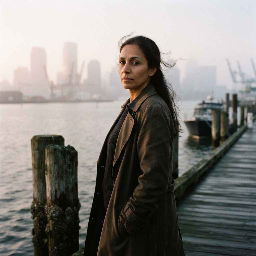 Dawn After The Case: A cinematic sunrise portrait beside a quiet waterfront, the subject standing near weathered pilings with an open coat moving lightly in the…