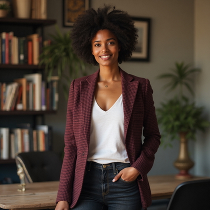 AI-generated photo: Professional headshot in a relaxed lifestyle context, set against the backdrop of a cozy home office...