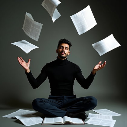 Floor-Sitting Portrait Surrounded by Scattered Pages example: Photorealistic cinematic portrait photography. Motion/action floor-sitting portrait with the subject tossing loose pages