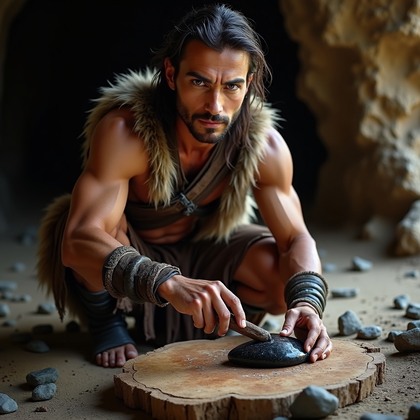 AI-generated photo: Photorealistic editorial portrait of a prehistoric-styled flint knapper at the mouth of a cave, pois...