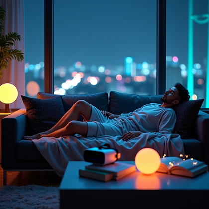 AI-generated photo: Photorealistic lifestyle photography. Person reclining on a plush couch layered with a metallic silv...