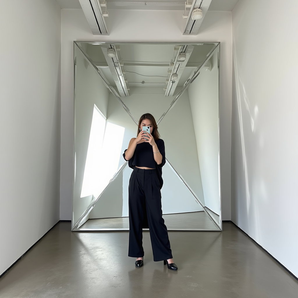 AI-generated photo: Photorealistic mirror selfie photo in a contemporary art gallery featuring a faceted mirrored instal...