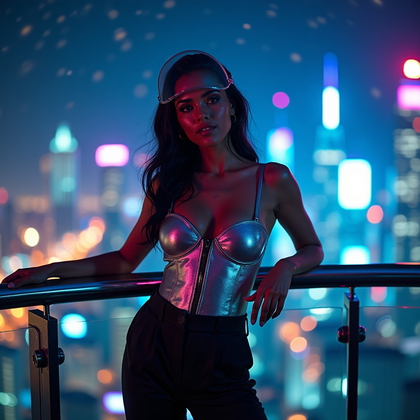 AI-generated photo: Photorealistic cinematic portrait photography of a person standing in a nighttime rooftop observator...