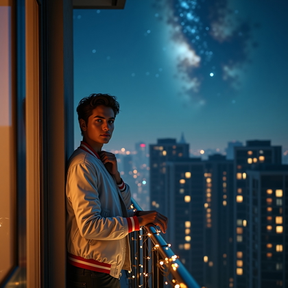 AI-generated photo: Photorealistic sensual balcony night portrait. A person stands on a narrow apartment balcony high ab...