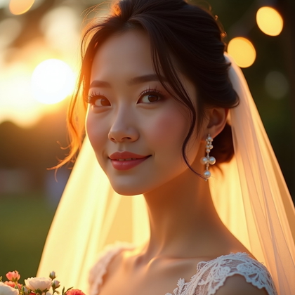 AI-generated photo: Photorealistic wedding beauty portrait captured outdoors at golden hour, backlit veil creating a lum...