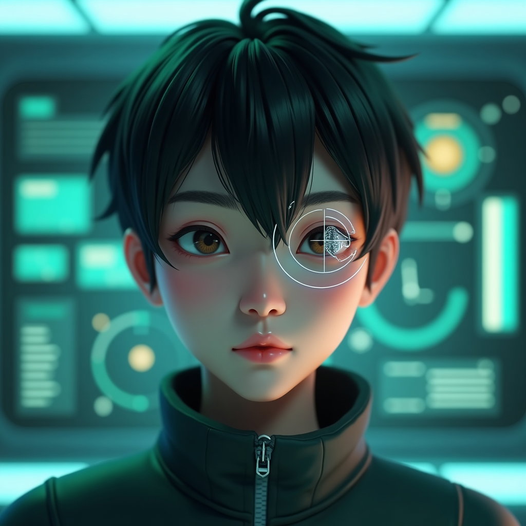 AI-generated photo: Stylized 3D game-rendered portrait, tight head-and-shoulders view of a gaming avatar with a calm, fo...