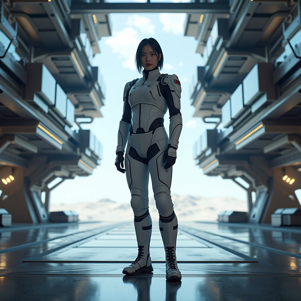 AI-generated photo: Professional portrait photography, a commanding mission specialist standing on an elevated platform ...