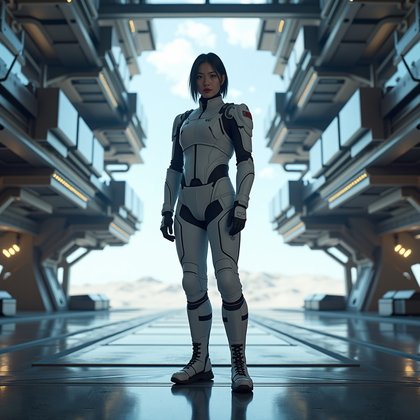 AI-generated photo: Professional portrait photography, a commanding mission specialist standing on an elevated platform ...