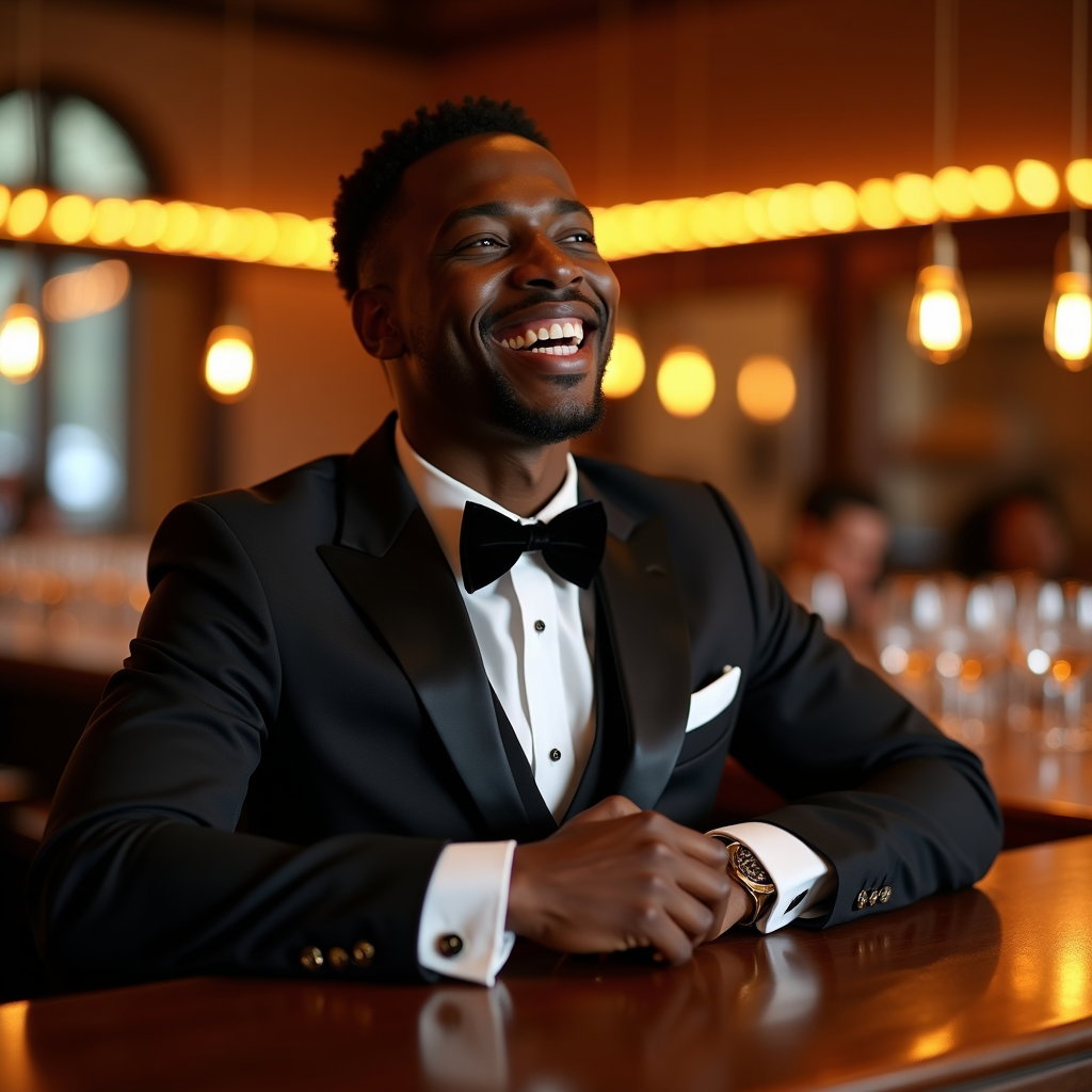 AI-generated photo: Photorealistic wedding photograph of a suited subject casually braced at a polished reception bar, e...