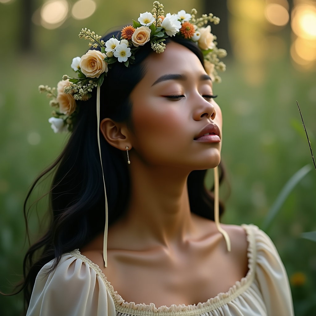 Gros plan avec couronne de fleurs : portrait très serré, recadré juste sous les épaules, d’une personne aux yeux fermés et au menton légèrement relevé, portant une délicate couronne de petites…