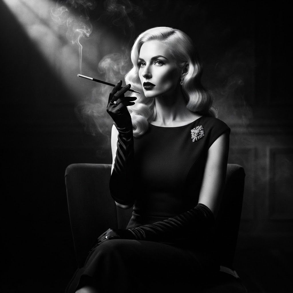 Femme Fatale Gaze: High-contrast noir glamour portrait of one subject seated upright in a low-backed chair, body angled three-quarters, face tilted toward a…