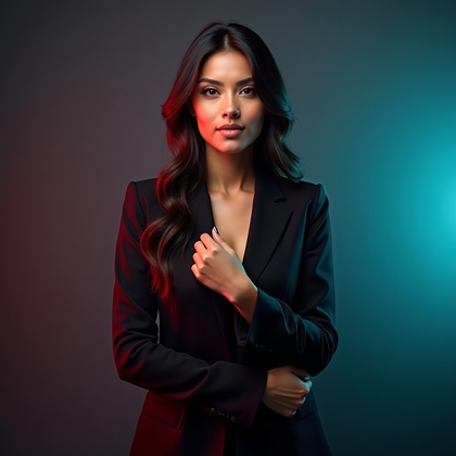 AI-generated photo: Professional studio portrait photo with vibrant color contrast: the subject stands tall in a mid-thi...