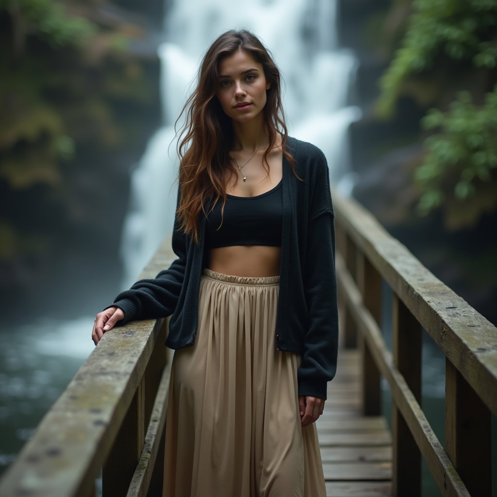 Brume de cascade : portrait paisible sur une passerelle en bois patinée près d’une cascade en forêt, la seule personne tenant la rambarde d’une main tandis que la brume…
