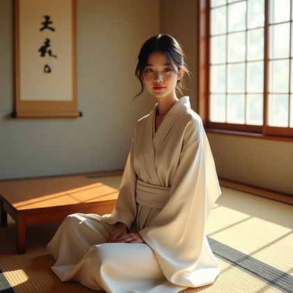 AI-generated photo: Photorealistic fashion portrait photography. A serene indoor tatami room portrait with the subject s...