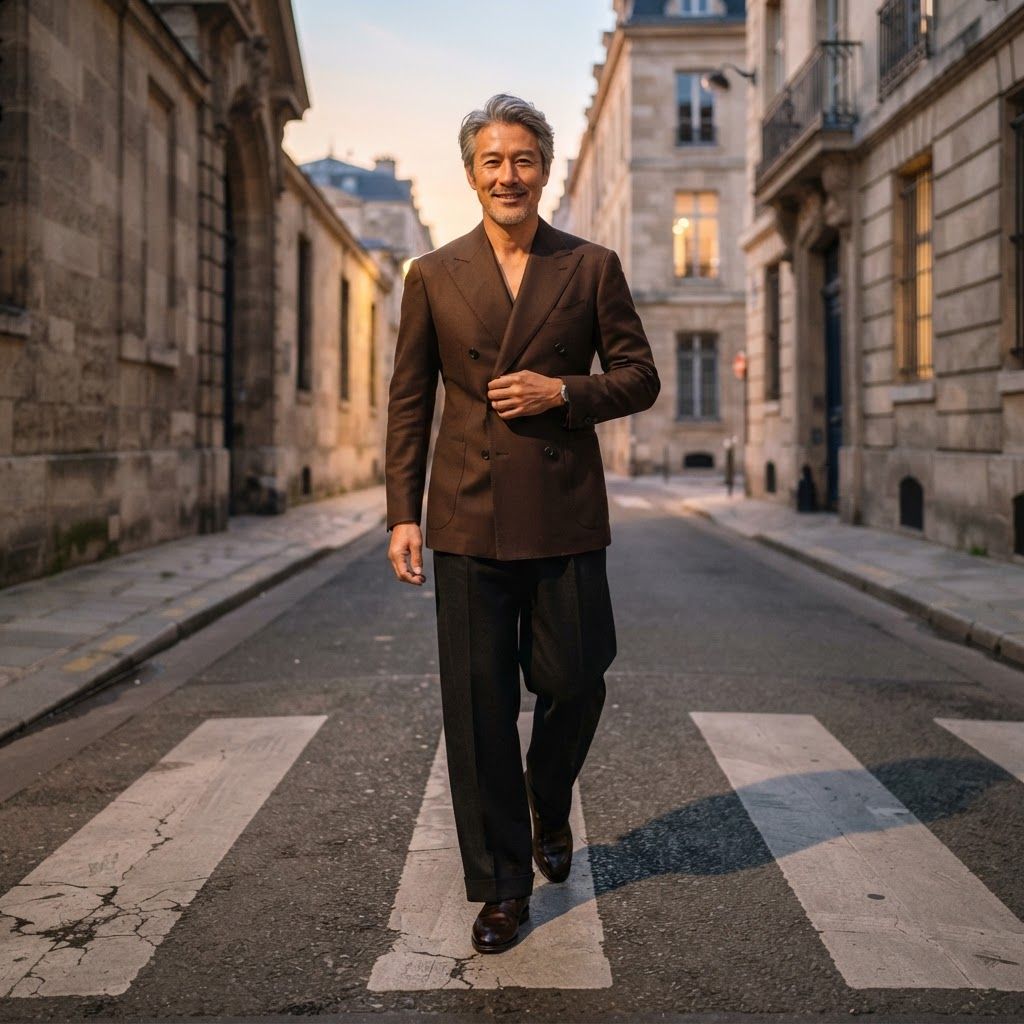 Sharp Tailoring at a Dawn Crosswalk: A full-length portrait on an empty crosswalk bordered by old stone buildings at dawn.