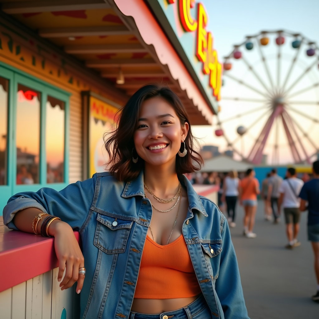 Ferris Wheel Daydream Portrait example: Photorealistic festival portrait photography. Half-body portrait beside a colorful Ferris wheel ticket booth, the subjec