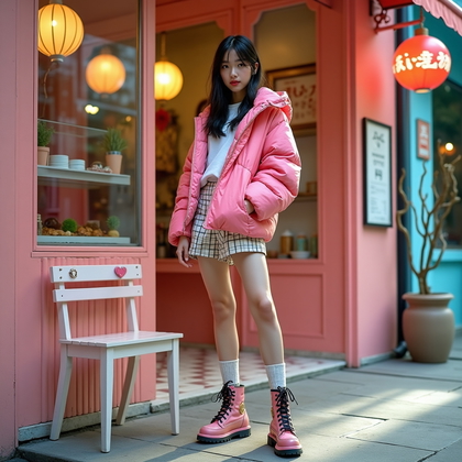 AI-generated photo: Photorealistic fashion portrait, a Harajuku-inspired fashion image staged outside a vividly designed...