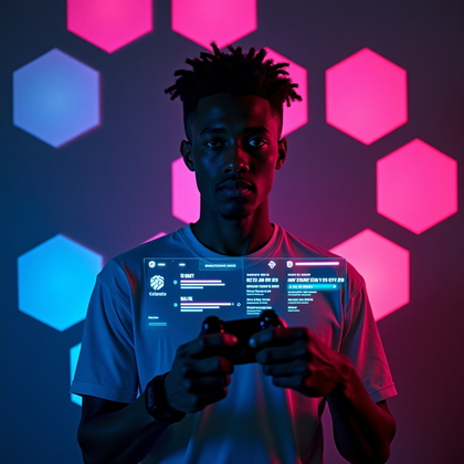 AI-generated photo: Photorealistic neon gel portrait photography. Three-quarter bust portrait with the subject standing ...