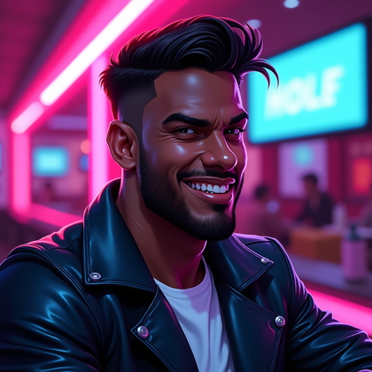 AI-generated photo: Digital caricature painting — sleek nightlife lounge scene with neon magenta and cyan accents, three...