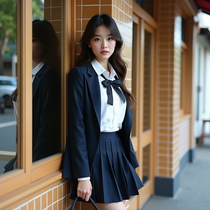 AI-generated photo: Photorealistic fashion photography. A chic editorial image of a Japanese school uniform-inspired loo...
