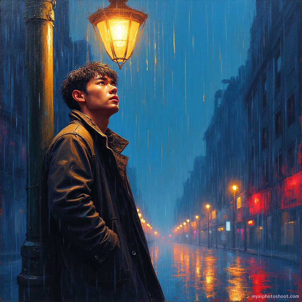 **Expressionist painting.** An intense portrayal of a young man leaning against a lamppost in a rain-soaked street. The scene is dominated by deep blues and purples with slashes of vibrant reds and yellows that radiate from the streetlights, creating an ethereal glow around him. The brushwork is bold and dynamic, capturing the rhythmic patterns of raindrops and the man's contemplative gaze as he looks skyward. His clothes are rendered with exaggerated textures, reflecting the light in abstract patterns. The painting conveys a sense of longing and introspection, framed by the towering, distorted buildings that seem to sway with the emotion of the scene.