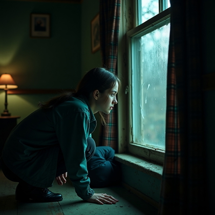 Flashlight-in-the-Dark Cabin Survivor example: Cinematic horror portrait photo. An environmental portrait of the subject crouched beside a dusty cabin window, peering