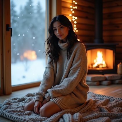 AI-generated photo: Photorealistic winter lifestyle portrait: Inside a timber‑walled cabin, the subject kneels on a chun...
