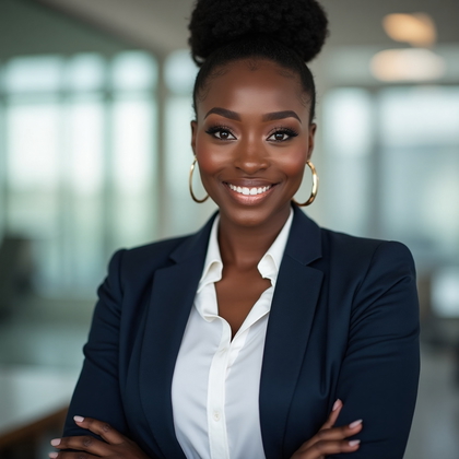 AI-generated photo: Confident Close-Up Portrait featuring a woman exuding poise and sophistication, adorned in a tailore...