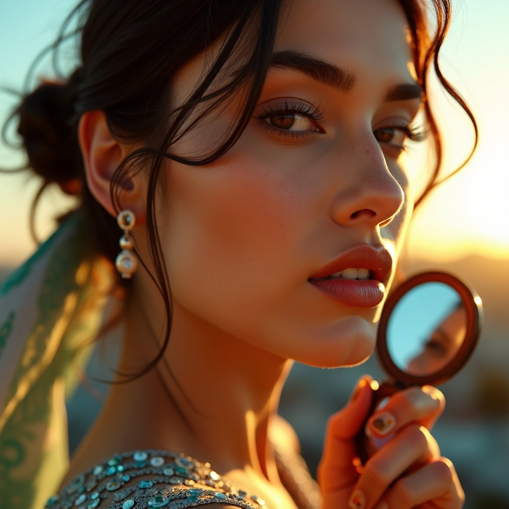 AI-generated photo: Photorealistic editorial beauty photograph at golden hour on a rooftop, the subject’s face filling t...