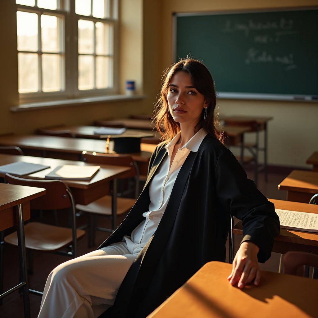 AI-generated photo: Fashion portrait photography, a deeply reflective end-of-an-era portrait staged in an empty classroo...