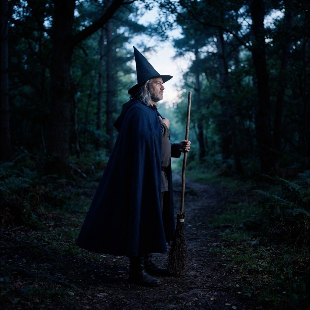 Witch on a Wooded Path: Full-body side-profile portrait of one person paused on a narrow forest path at blue dusk.