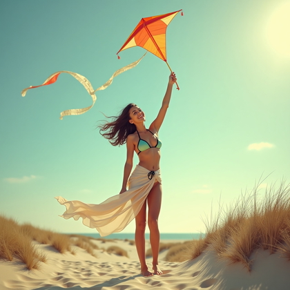 AI-generated photo: Photorealistic mid-century beach pin-up photograph of a solo subject standing on a windswept dune cr...