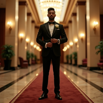 AI-generated photo: Photorealistic wedding editorial portrait capturing a full-length hero stance in a grand hotel lobby...