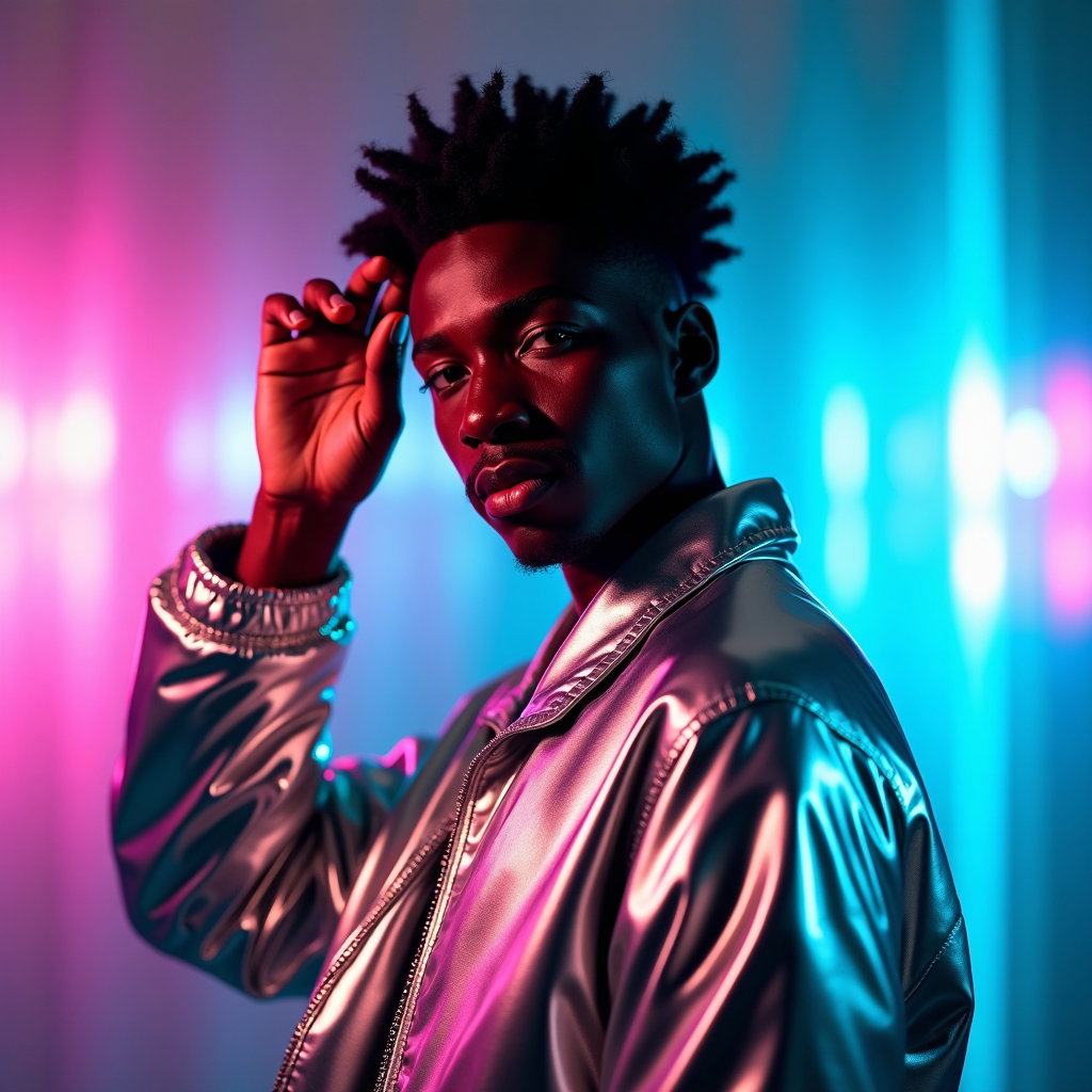 Futuristic Metallic Pop Star Album Cover Portraits example: Photorealistic album cover portrait photography. Half-body studio portrait with the subject turned slightly toward the v