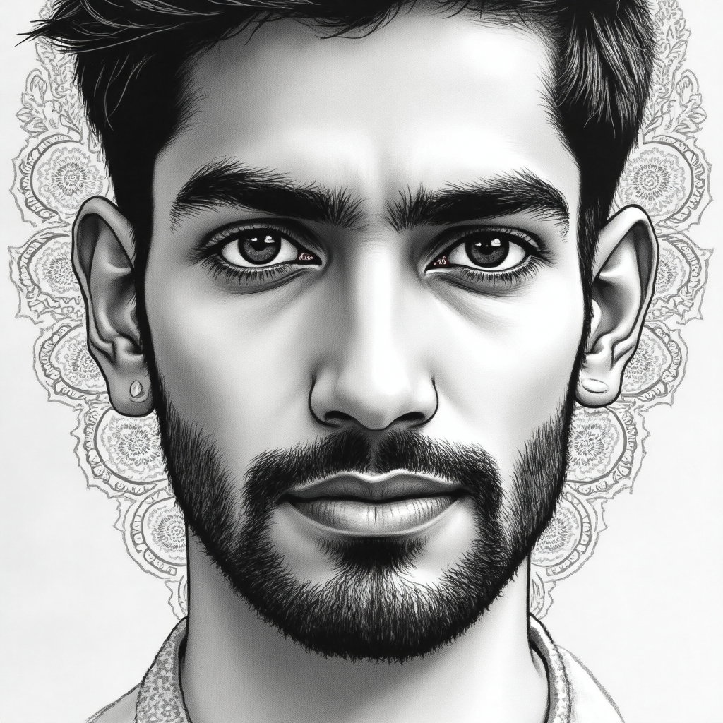 AI-generated photo: **Line art illustration.** Craft an evocative close-up of a 34-year-old South Asian man with an aver...